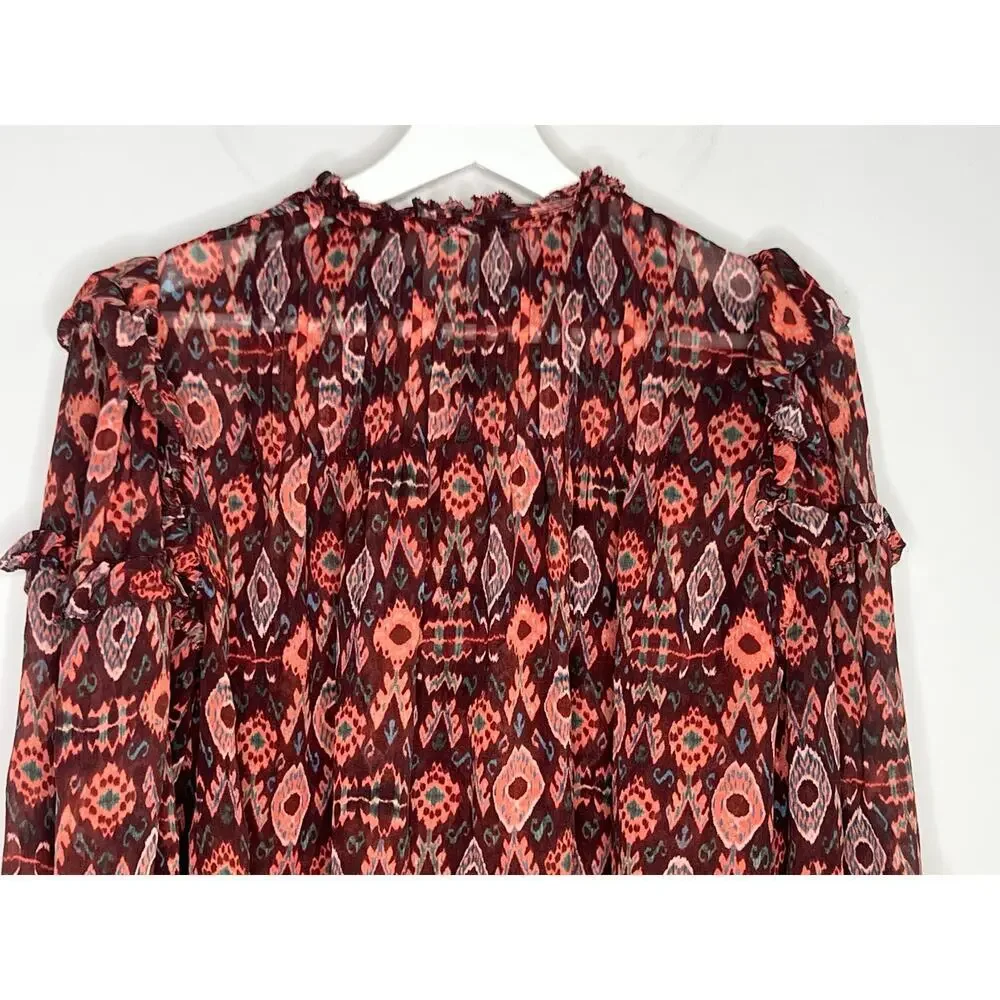 Ulla Johnson Miray Silk Horizon Long Sleeve Ruffle Trim Blouse Garnet Women's 2 - Picture 12 of 14